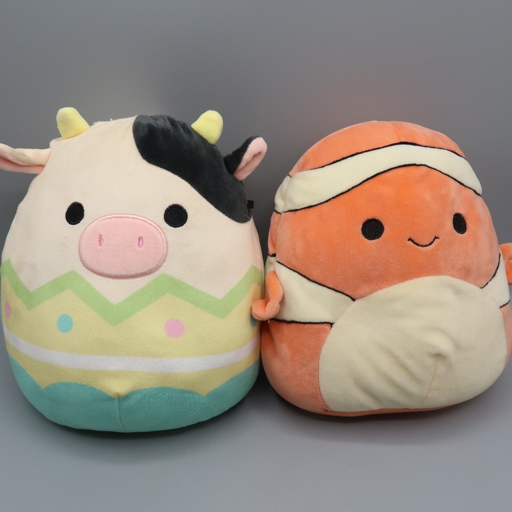 Squishmallows Connor the Cow Easter‎ Egg & Clown Fish 9 in Plush Toy lot